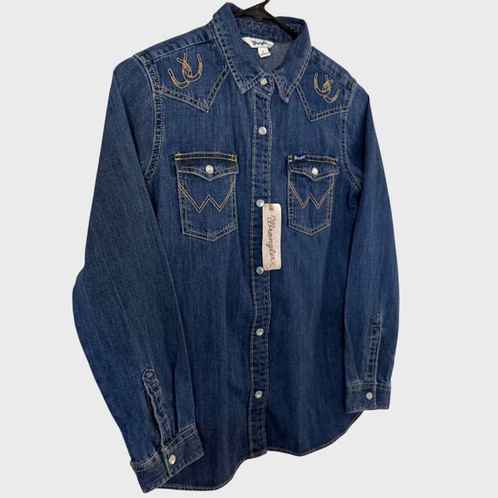 Wrangler Embroidered Denim Shirt Blue Girls Large Western Pearl-Snap Rodeo NEW - Picture 3 of 15